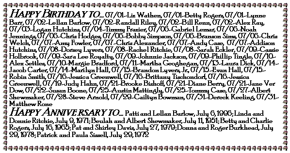 Text Box: Happy Birthday to� 07/01-Liz Wathen, 07/01-Betty Rogers, 07/01-Lynne Barr, 07/02-Lellan Barlow, 07/02-Randall Riley, 07/02-Bill Renn, 07/02-Alex Ray, 07/03-Logan Hutchins, 07/04-Timmy Frazier, 07/06-Gabriel Lemar, 07/06-Noah Jennings, 07/06-Chris Hodges, 07/06-Bobby Simpson, 07/06-Branson Sims, 07/06-Chris Welch, 07/07-Amy Fowler, 07/07-Chris Alexander, 07/07-Andy Case,  07/07-Addison Hutchins, 07/08-Dorsey Lyvers, 07/08-Rachel Ritchie, 07/08-Sarah Eckler, 07/09-Cassie Holbrook, 07/09-Sara Lee Royalty, 07/09-Johnnie Jackson, 07/09-Phillip Tingle, 07/10-Alex Settles, 07/10-Margie Bradford, 07/11-Martha Geoghegan, 07/13-Laura Dick, 07/14-Jacob Carter, 07/14-Marilyn Hall, 07/15-Brandon Lyvers, Jr., 07/15-Evan Hall, 07/15-Robin Smith, 07/16-Jessica Greenwell, 07/16-Brittany Tischondorf, 07/16-Jessica Greenwell, 07/19-Judy Hahn, 07/21-Brooke Bishoff, 07/21-Diane Berry, 07/21-Jane Ver Dow, 07/22-Susan Boone, 07/25-Austin Mattingly, 07/25-Tommy Case, 07/27-Albert Shewmaker, 07/28-Steve Arnold, 07/29-Cailtyn Bowman, 07/31-Dereck Keeling, 07/31-Matthew RoneHappy Annive rsary to� Patti and Lellan Barlow, July 6, 1996; Linda and Donnie Ritchie, July 9, 1971; Beulah and Albert Shewmaker, July 11, 1951; Betty and Charlie Rogers, July 16, 1965; Pat and Shirley Davis, July 27, 1979; Donna and Roger Burkhead, July 29, 1978; Patrick and Paula Sissell, July 29, 1972